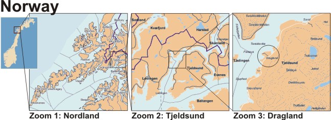  Map Zooms, showing location of Dragland in Norway.  